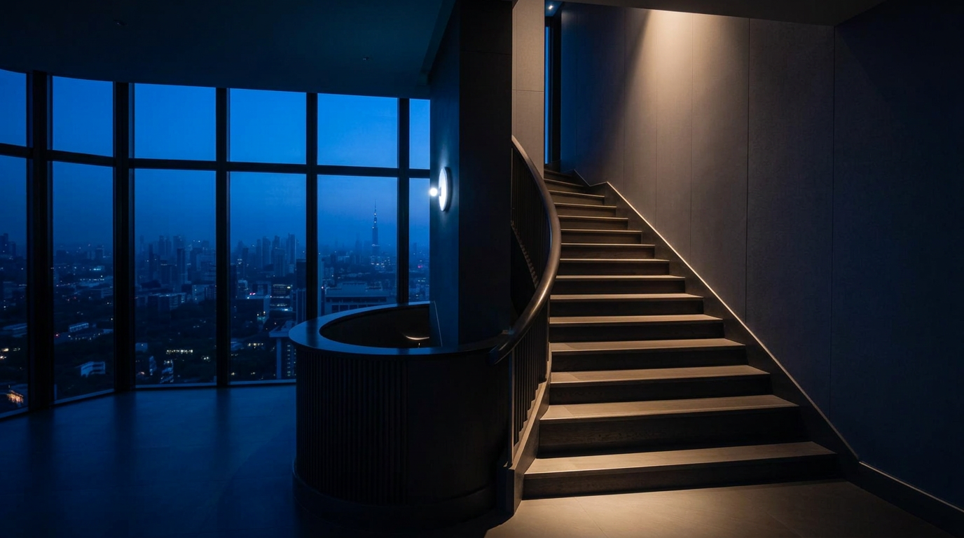 Dark spiral staircase with curved wooden handrail beside floor-to-ceiling windows overlooking the city skyline at dusk